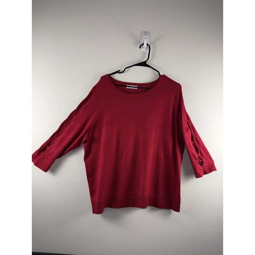89th + Madison 1X Red Knit Top 3/4 Cutout Sleeve  Plus Size Blouse **small Stain